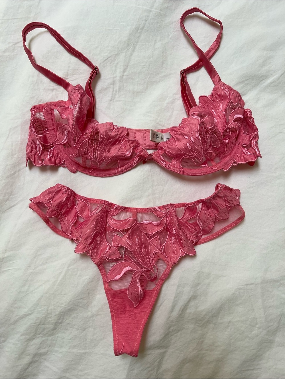 Fleur du Mal Lingerie Set Pink Satin Luxe Balconette Bra and Luxe Thong